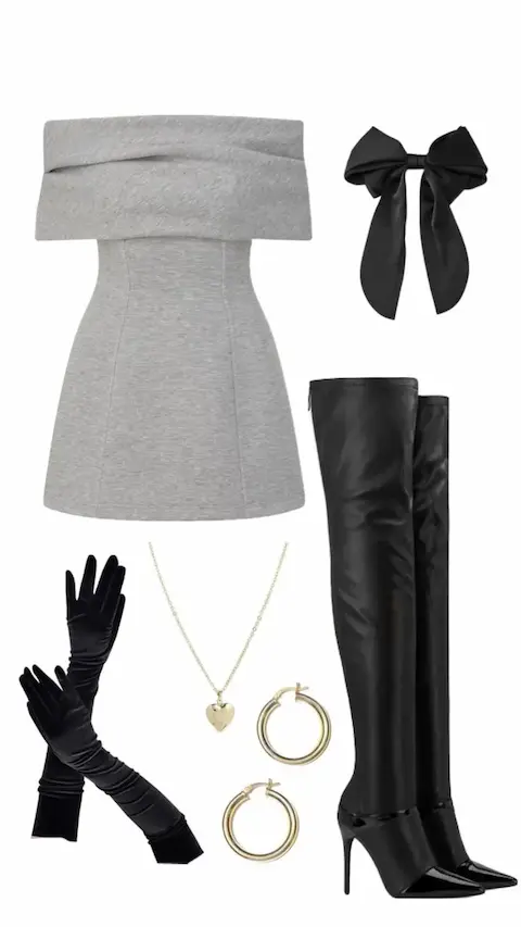 Off-the-shoulder dress, black boots, black gloves,  gold necklace,  gold earrings, black bow